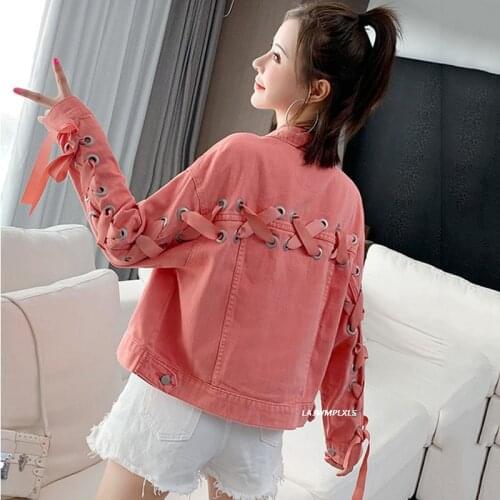 Spring Harajuku Candy Color Bandage Denim Jackets Women Solid Bow Fashion Autumn Mujer Chaqueta Femme Veste Short Bomber Jacket