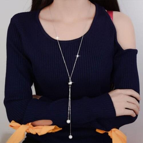 Double Drop Pearl Pendant Plata Chain Pendant Necklace long Sweater chain Hot Design Fine Jewelry For Women Gift