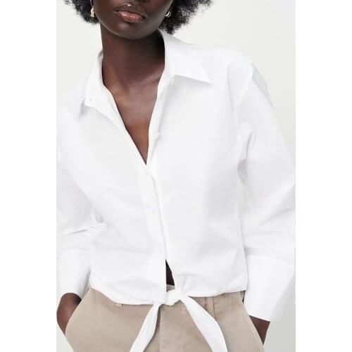ZA Women Poplin Blouse 2021 Bow Single Breasted Turn Down Collar Casual Solid Tops Flare Long Sleeve Female Loose Shirts