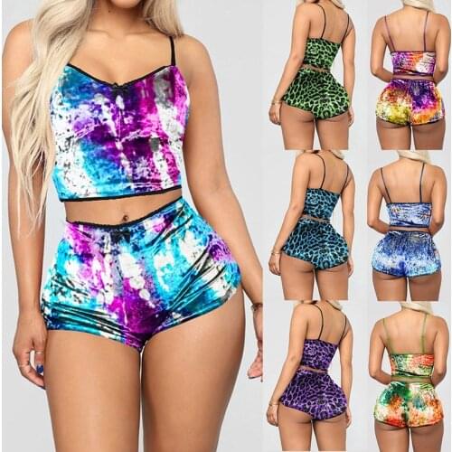 Women Velvet Pajama Set Sexy Spaghetti Straps Sleepwear Short Pajama Set 2PCS
