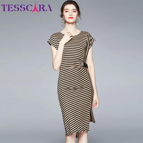 TESSCARA Women Summer Elegant Stripe Dress Festa High Quality Office Party Robe Femme Runway Designer Asymmetrical Vestidos