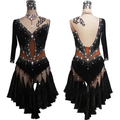 2019 Unique Latin Dance Dress Women Single Sleeve Dancing Dress Black Dress Dance Competition Stage Wear Salsa Costume BL2541