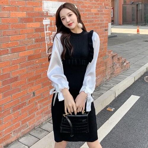 2021 New Spring Autumn Slim Temperament Lotus leaf edge Black and white Splicing Bishop sleeve Frenulum Dress