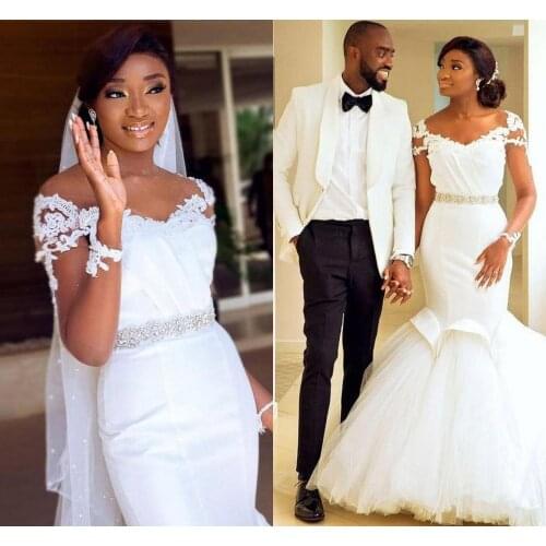 Mermaid Wedding Dresses Crystal Beading Short Sleeves South African Bridal Gowns Vestidos De Novia Plus Size Marriage Dress