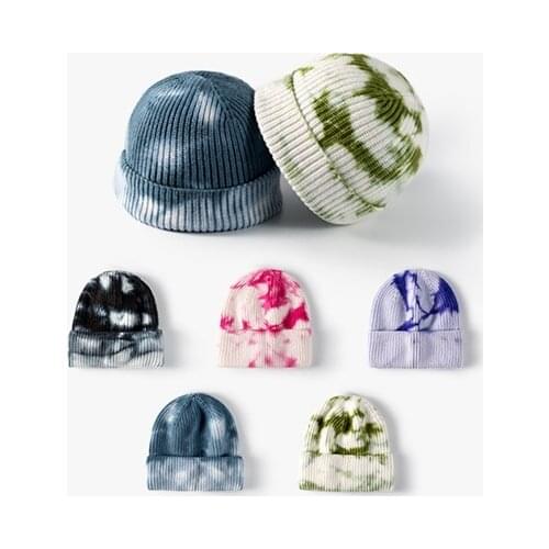 Tie-dye Winter Warm Knitted Women Cap Casual Short Thread Hip Hop Hat Adult Men Beanie Wool Knitted Beanie Skull Cap Foldable