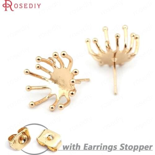10PCS Head 12*8MM 24K Champagne Gold Color Plated Brass Flower Stud Earring Diy Jewelry Findings Earrings Accessories Wholesale