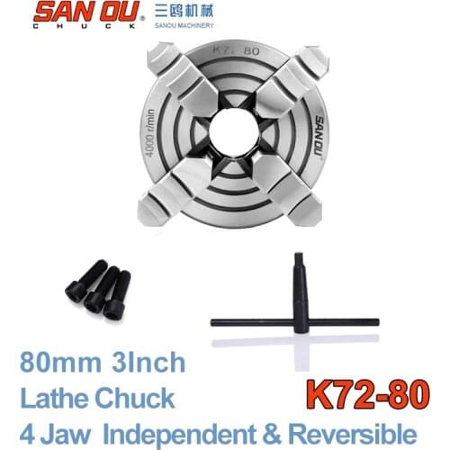 4Jaw 80mm 3" Lathe Chuck Independent & Reversible Jaw SANOU K72-80 for CNC Drilling Milling woodworking