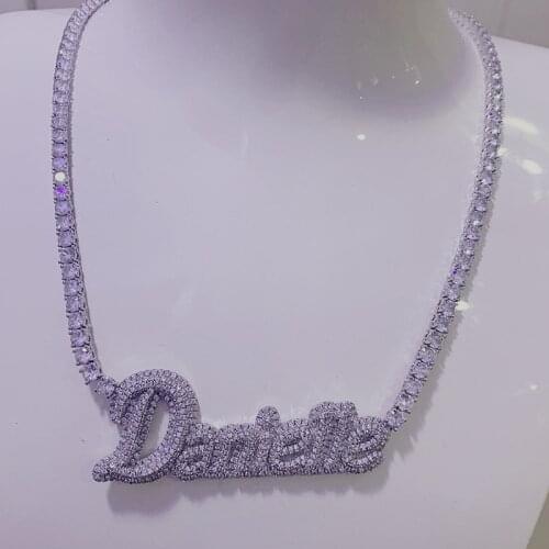 Tennis Chain Name Plate Necklace Factory Directly Sale Cubic Zirconia Customized Initial Jewelry,Ins Ice Out Personal Gift