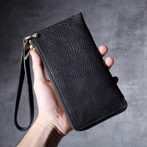 New retro simple mens genuine leather long zipper wallet first layer cowhide daily womens casual coin purse clutch bag