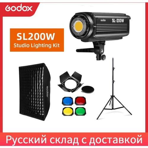 Godox SL-200W SL200W 5600K White Version LCD Panel Continuous LED Video Light + 70x100cm softbox + 2.8m Light Stand + Barn Door