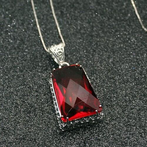 Hermosa Vintage Unique Blood Red Garnet Silver Color For Women Charms Pendant Chain Necklace 20 Inch