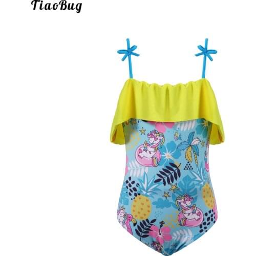 TiaoBug 4 To 14 Years Summer Kids Girls One-Piece Swimming Jumpsuit Straps Off Shoulder Ruffle Trim Swimwear Beach Pool Bodysuit