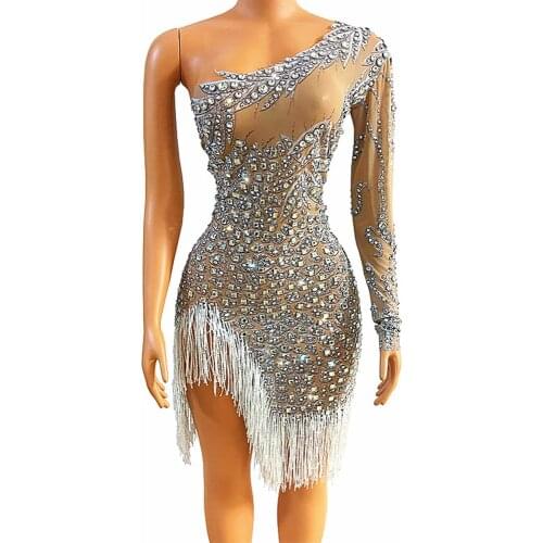 Flashing Silver Rhinestone Fringe Dress For Women Singer Stage Performance Drag Queen Coastume Club Prom Rave Clothes VDVDB3524