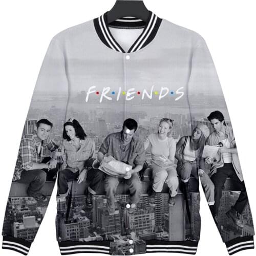 Friends TV Shows 3D Printed Zip Up Baseball Uniform Outerwear Streetwear Hip Hop Long Sleeve Baseball Jacket Male Tracksuit