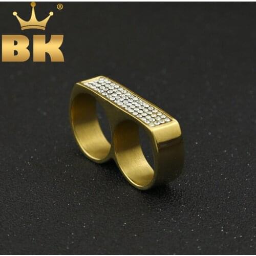 New Cool Two Finger Rings Hip Hop Full Iced Out Rhinestones Stainless Steel Gold Silver Color Men Punk Party Ring Size 9/10