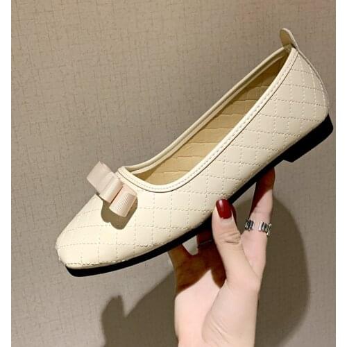 2021 new womens shoes fashion, comfortable trendy, casual daily solid color PU rhombus small bow soft single shoes