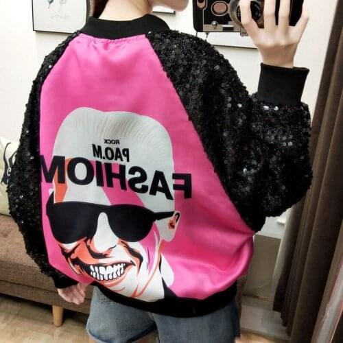 Autumn Ladies Stand Collar Jackets Women Long Sleeve Casual Coats Fashion Letter Print Sequins Patchwork Loose Outerwear Z299