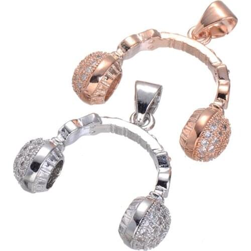 Jewelry Making Supplies Rose Gold Color Copper Zircon Headphone Charm Pendant For Bracelet Necklace Jewellery Making