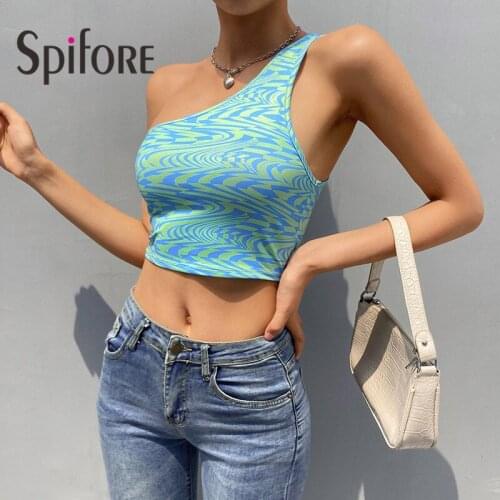 Spifore Tie Dye Tank Tops Y2K 2021 Summer One Shoulder Sleeveless Club Party Sexy Women Top Fashion Lace Up Slim Vest