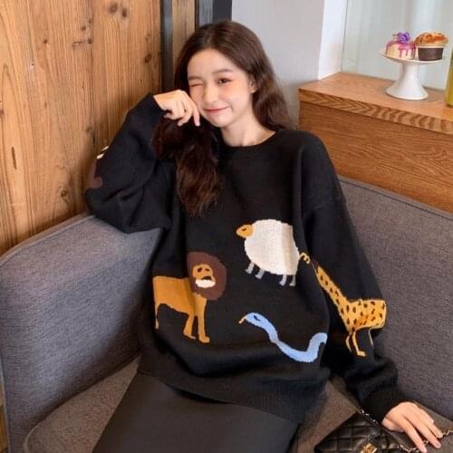 Girl Retro Jacquard Sweater Women Round Neck Cartoon Animal Long Sleeve Loose Pullover Knitted Sweater Female 2020 Spring