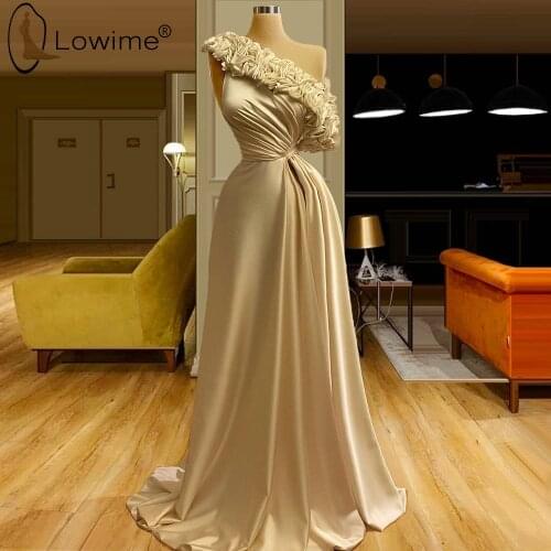 Champagne Formal Dress One Shoulder Evening Dresses Handmade Flowers Ruched 2020 Mermaid Evening Gowns