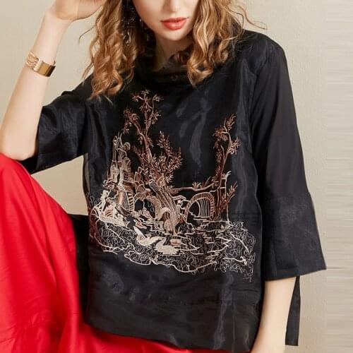 Spring Autumn Vitnage Womens Casual Embroidery Stand Collar Loose White Black Organza Tops and Blouses , Woman Blouse