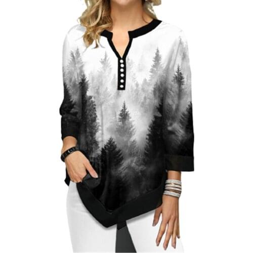 2021 New Spring Summer Blouses Women Tie Dye Gradient Shirt 3/4 Sleeve Loose Large Size Tops S-5XL Casual V-Neck Button Shirts