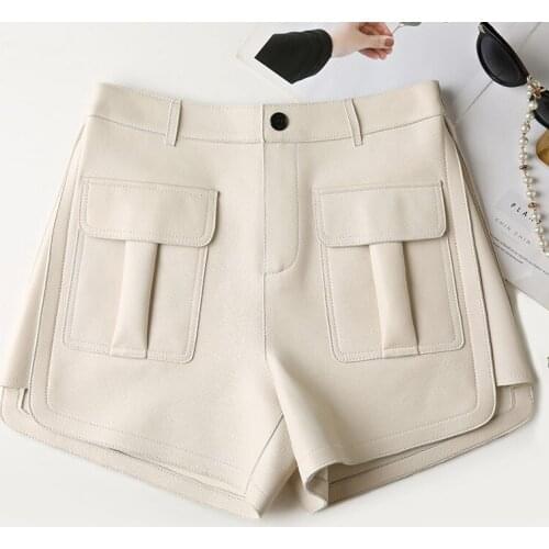 Korean style Women High quality Genuine Autumn high-rise leather wide-leg shorts C747
