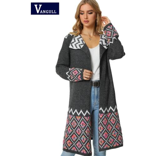 Vangull Fashion Plaid Long Cardigan Women Sweater Autumn Patchwork Knitted Turn-down Collar Sweater Female Loose Ladies Sweater