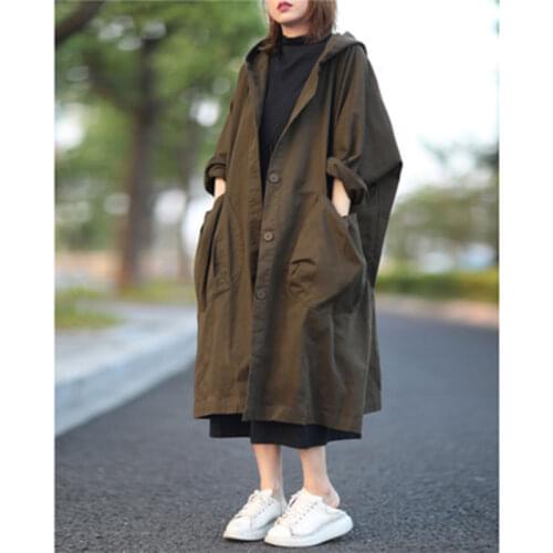 2020 Autumn New Arts Style Women Single Breasted Hooded Long Coat Big Pocket Loose Casual Solid Trench Coats Big Size S30