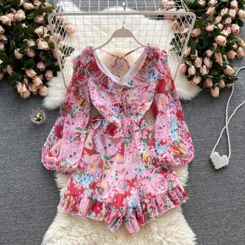 Amolapha Women Beach Style Rompers Summer Printed Floral Ruffles Casual Short Jumpsuit Long Sleeve Slim Sexy Vacation Playsuit