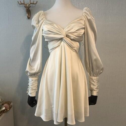 Women Twisted Hollow Out Summer Dress Square Collar Long Lantern Sleeve Satin High Waist Backless Sexy Mini Dress