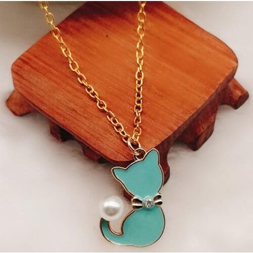 Ladies enamel cat fox drip oil zircon pearl tail necklace animal cat cartoon creative pet cat pendant jewelry