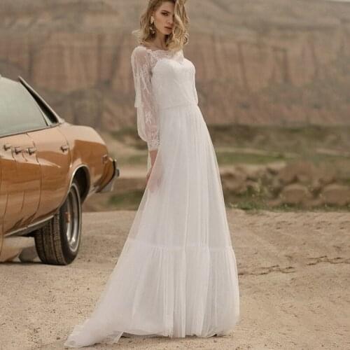 Plus Size Beach Princess Wedding Dress Boat Neck Long Sleeves Lace Custom Made Floor Length Maxi Seaside Tulle Bridal Gowns