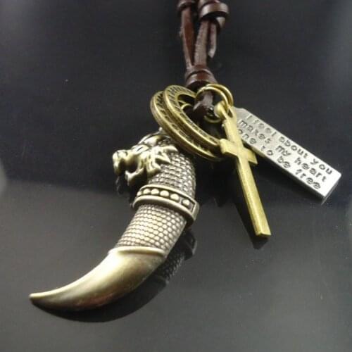 2015 new arrival fashion long leather vintage cool wolf pendant pendant necklace women men jewelry