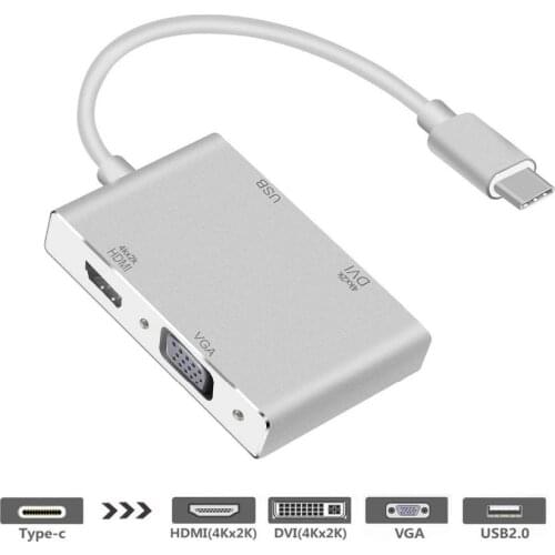 4 In 1 USB 3.1 Type C to HDMI DVI 4K VGA USB 3.0 Adapter Converter for Laptop Apple MacBook/MacBook Pro/Google Chromebook Pixel