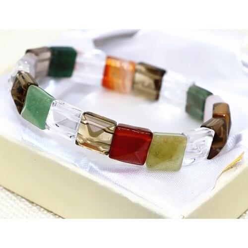 High grade women fashion bracelet natural mix-stone agat chalcedony square faceted 10mm luxury elastic rope jewels 7.5inch B1694