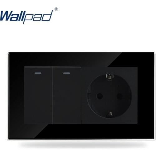 Wallpad Black Crystal Glass Push Button 2 Gang 2 Way Button Switch and EU Socket Factory CE BS Approved