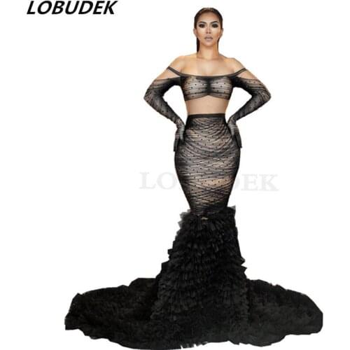 Black Rhinestone Patchwork Floor Length Tail Dress Lady Evening Party Model Catwalk Mermaid Dress Singer Concert Show Long Dress