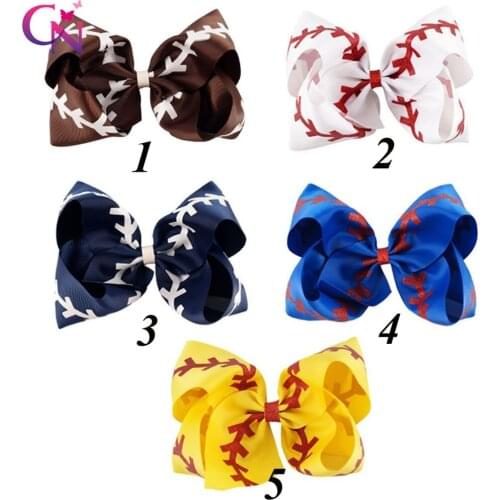 CN 7" Glitter Printed Ribbon Baseball Bow With Clip For Kids Girls Handmade Boutique Large Hairgrips Hair Accessories