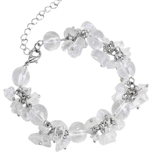 FYJS Unique Silver Plated Handmade Natural Rock Crystal 8 mm Round Beads with Irregular Shape Gravel Bracelet Ethnic Jewelry