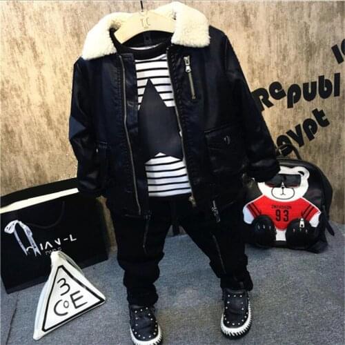 Fashion Baby Boys Clothing Sets Winter Warm Children Suits Kids PU Leather Jacket + Plush T-Shirt + Thick Jeans 3pcs Outfit 2-6Y