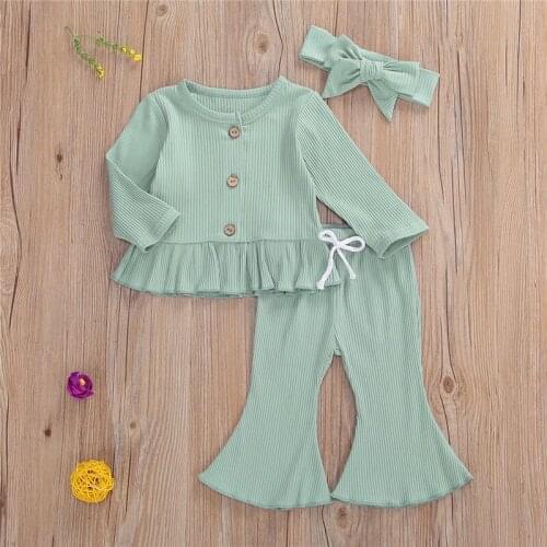 Toddler Baby Girls 3Pcs Set Autumn Winter Clothes Knitted Outfits Long Sleeve Buttons Ruffle Tops+Long Flared Pant+Headband Suit