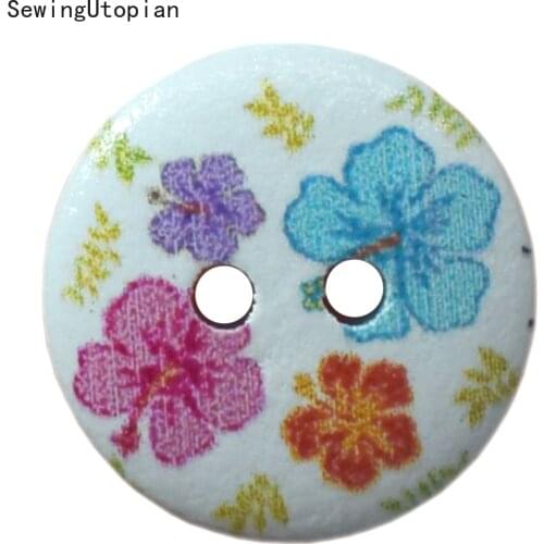 50PCS Flower Printed Round Sewing Wooden Buttons for Kids Clothes Scrapbooking Decorative Handicraft DIY Accessories Wood Button