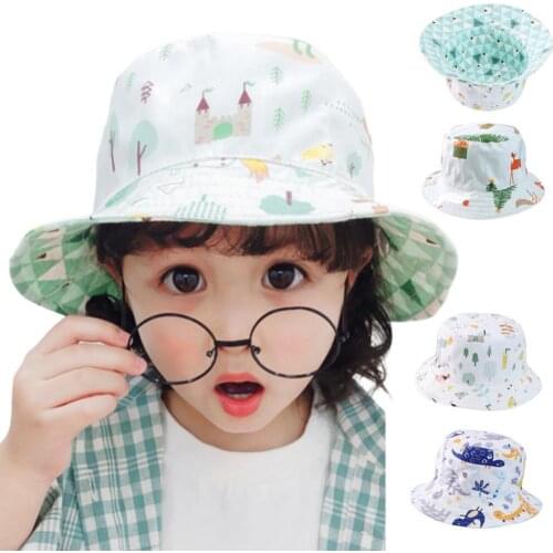 Unisex Kids Cartoon Dinosaur Fox Wide Brim Anti-UV Sunhat Beach Caps Bucket Hat