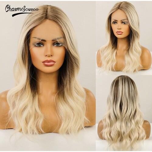 CharmSource Medium Natural Wavy Hair Brown Ombre Blonde Lace Front Synthetic Wigs for White Women Daily Wedding Wig High Density