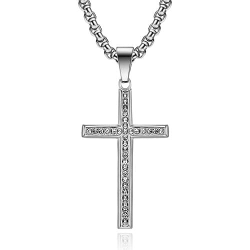 Simple Cross Pendant Necklace Crystal Stainless Steel Necklaces for Men Him Religious Jewelry Chain 24inch