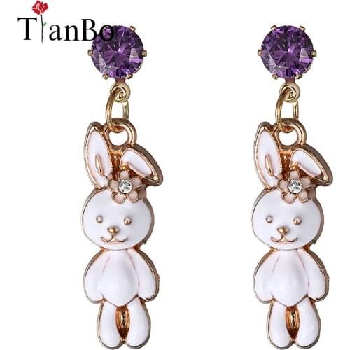 TianBo White Enamel Glaze Cute metal Rabbit Crystal Studs Earrings Fashion for women Gift