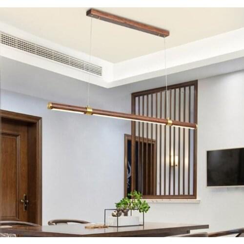 Nordic lamps Walnut long strip restaurant chandelier led simple modern minimalist office studio solid wood lighting