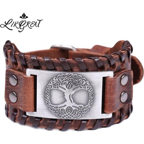 LIKGREAT Tree of Life Metal Charm Bracelets Slavic Wristband Cuff Wide Braid Leather Bracelet for Men Vintage Wicca Jewelry Gift